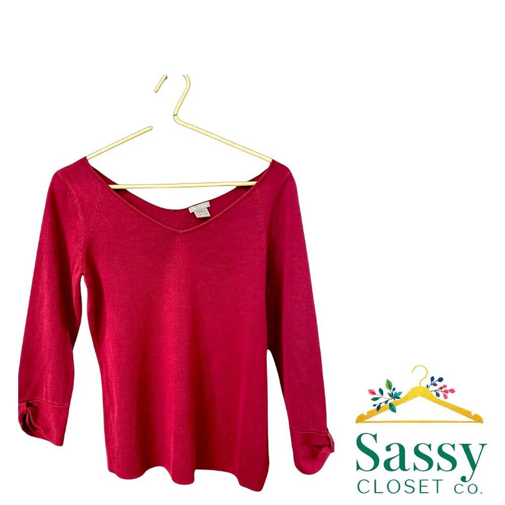 ANN TAYLOR Burgundy Ribbed Double V-Neck Sweater S EUC Office